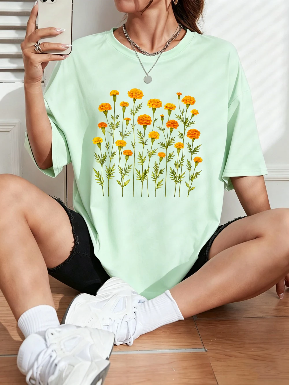 Fresh Watercolor Marigold Prints T-Shirts Cotton Womens Summer Short Sleeve T Shirts Soft Oversized Tops Casual O-Neck Clothes