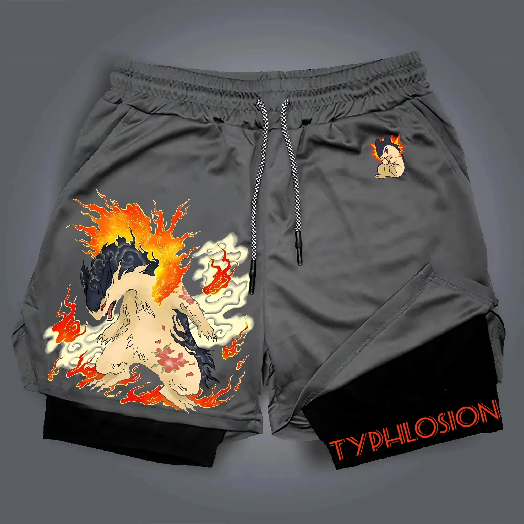 Pokémon Joint Sports Dubbellaagse shorts Amerikaans 2025 Zomer Herentrend Los Fitness Ademend Animatieprint 2-in-1 shorts