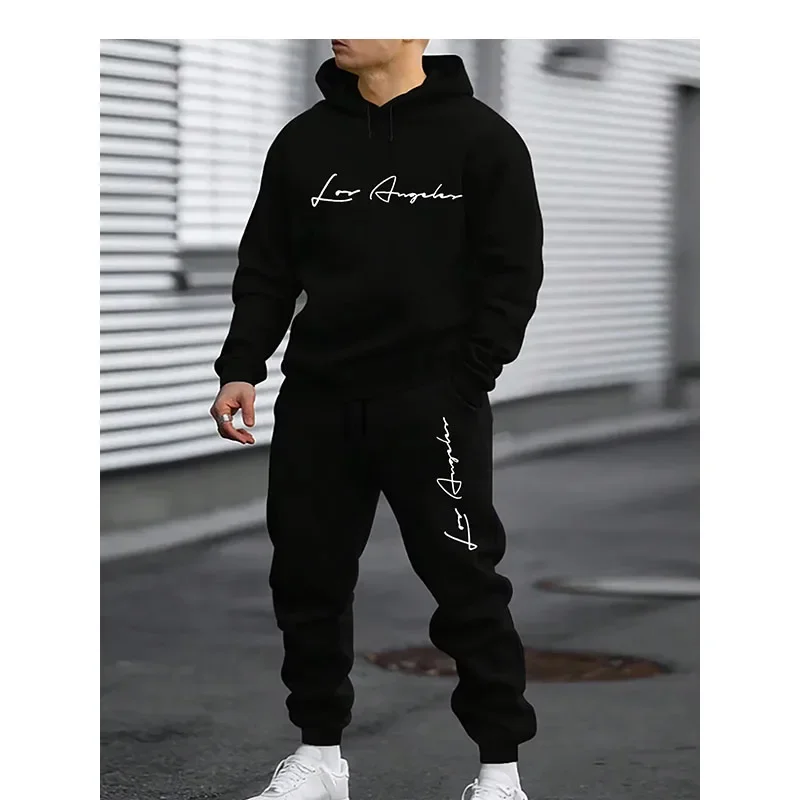 Men's Autumn/Winter Casual Warm Los Angeles Letter Pattern Printed Loose Thick Velvet Sports Hoodie+Sweatpants Set