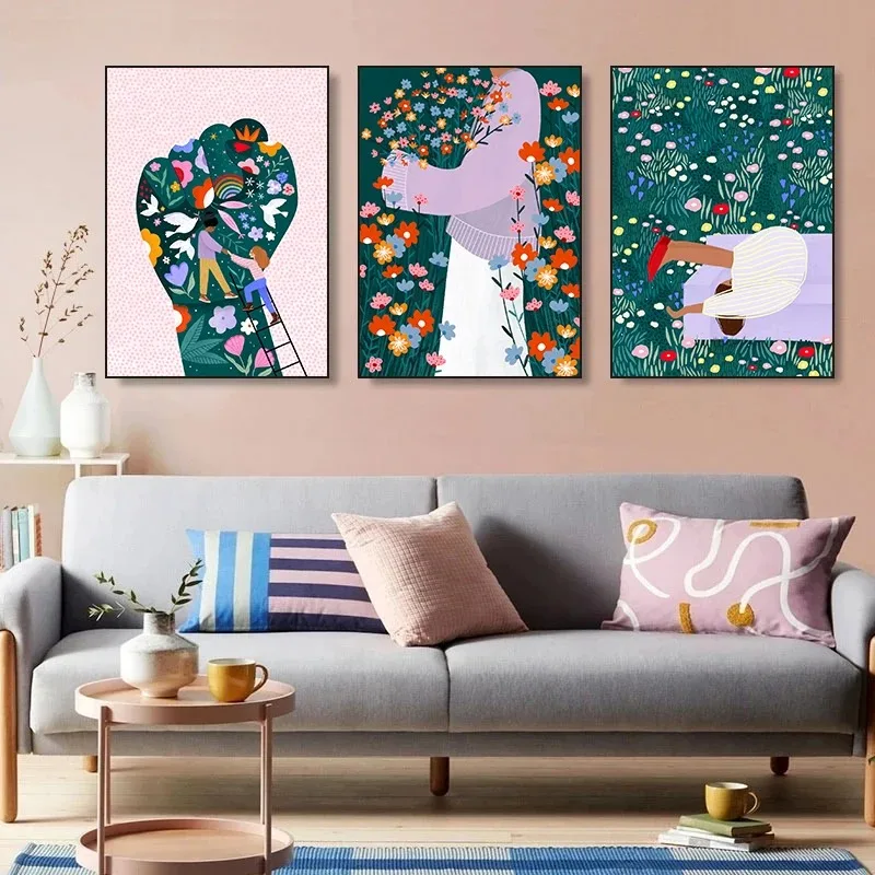 1PC frameless decorative art print,Abstract Colourful Art Poster Print Vibrant Woman Minimal Portrait Flower Canvas Painting Fem