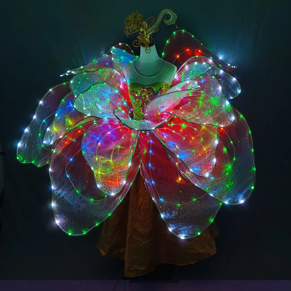 Full Color LED Petal Skirt Flower Opening Dance Big Swing Dress Modern Dance Performance Dress LED Robot Suit Blossom Long Dress