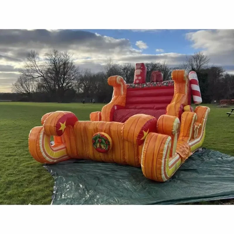Large Gold Inflatable Christmas Sleigh with Santa Claus Figure Giant Holiday Yard Decoration Outdoor Lawn Ornament for Xmas