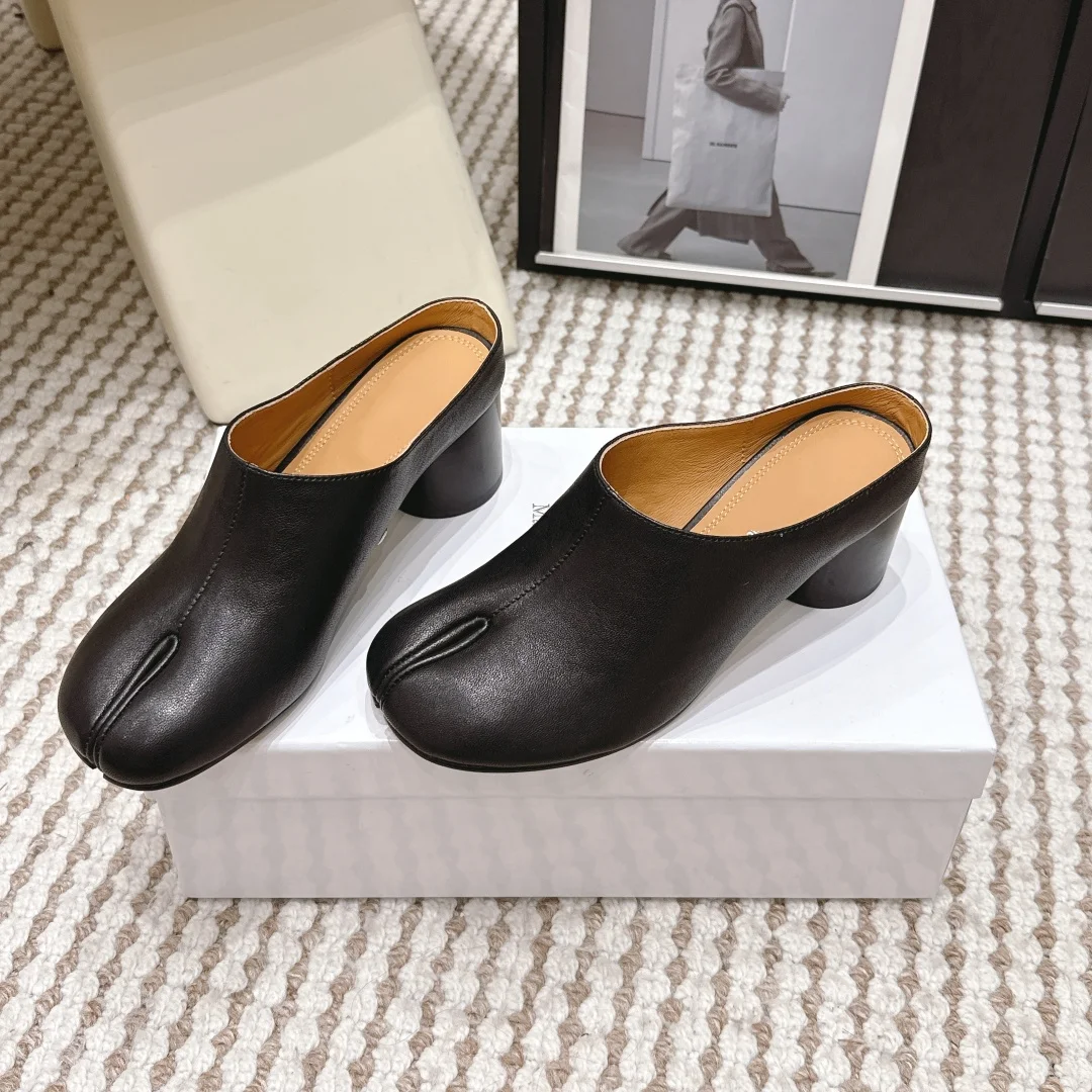 Spring Summer Women Premium Genuine Leather Tabi Split Toe Block Heel Mules Backless Slip On All Match Fashion Ladies Shoes