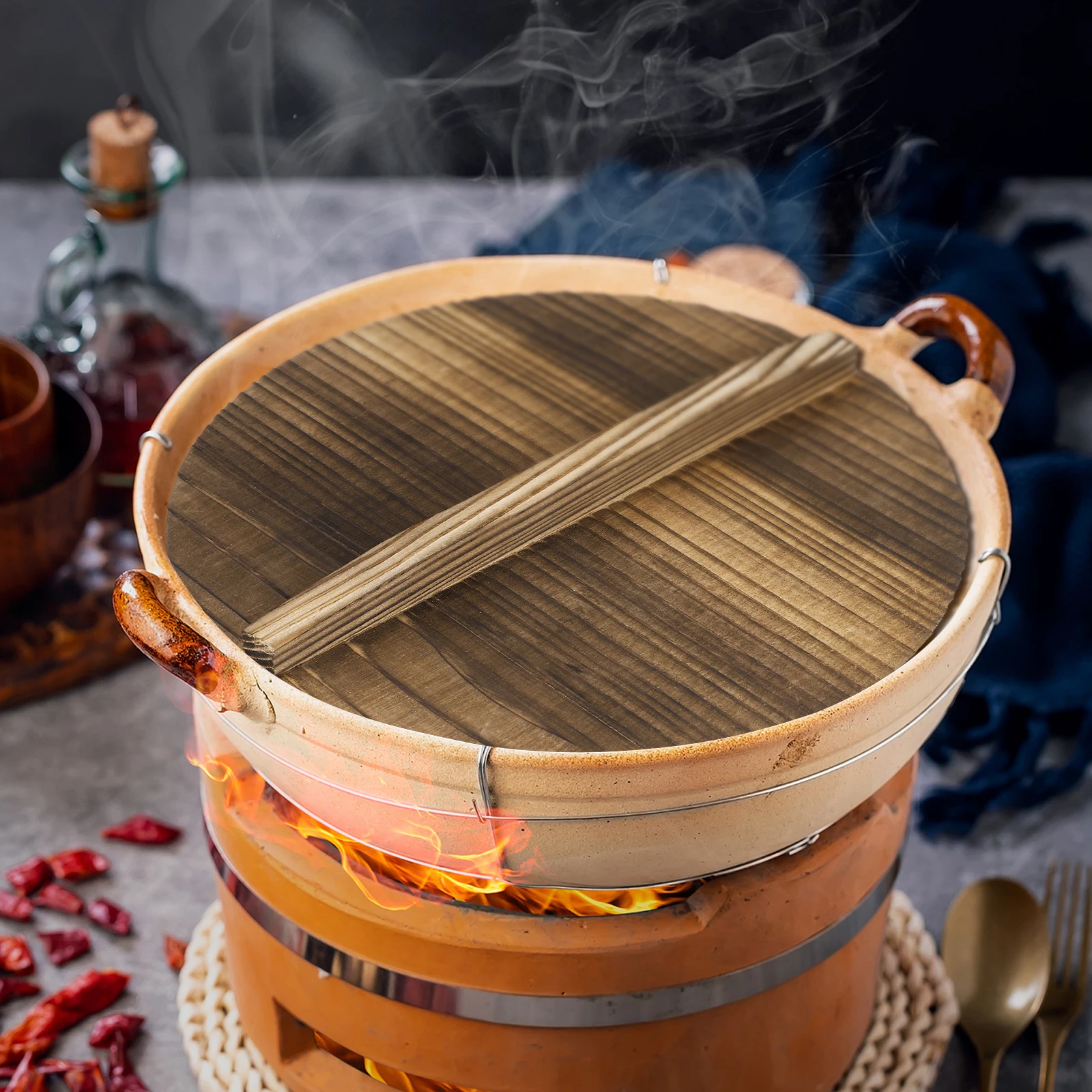 

HAKIDZEL Wooden Pot Cover 24cm Anti Overflow Lid for Wok Iron Pan Kitchen Skillet Protector Cooking Utensil