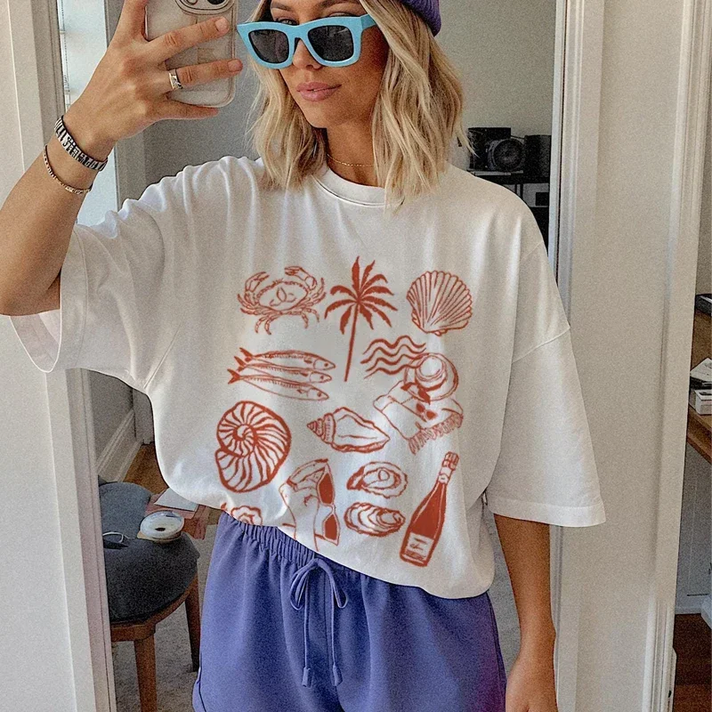 Sommer Ozean Küsten Grafik T-shirts Trendy Retro Ästhetischen La Dolce Vita T Shirt Nette Oyster Wein Hemd Strand Urlaub Frauen Tops