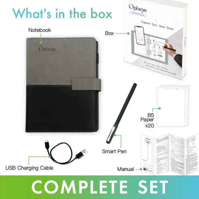 Ophaya Pen Writing Set 2in1: Smart Pen/SyncPen, D-Coded Leather NoteBook, Bluetooth, Wireless, Sync Real Time iOS, Android