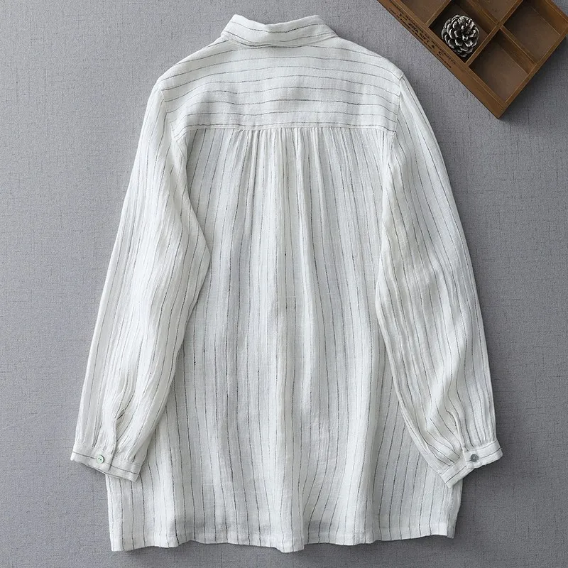 Women Casual Striped Shirt New Arrival 2024 Spring Simple Style Loose Comfortable Female Cotton Linen Tops Shirts B3620