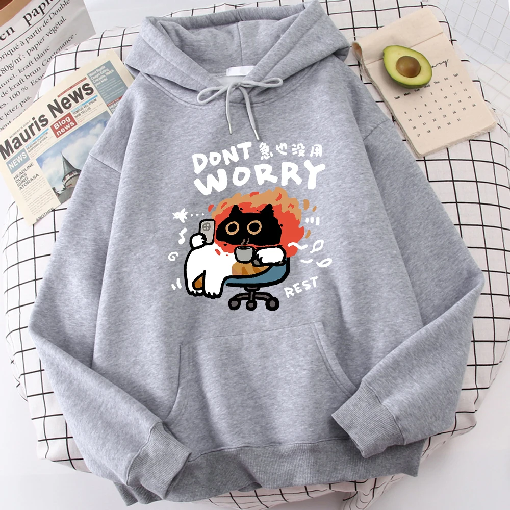 Cartoon Cat Slogans Are Urgent And Useless Mens Hoodie Comfort Versatile Hoody Leisure Personality Sweatshirt Home Fashion Tops