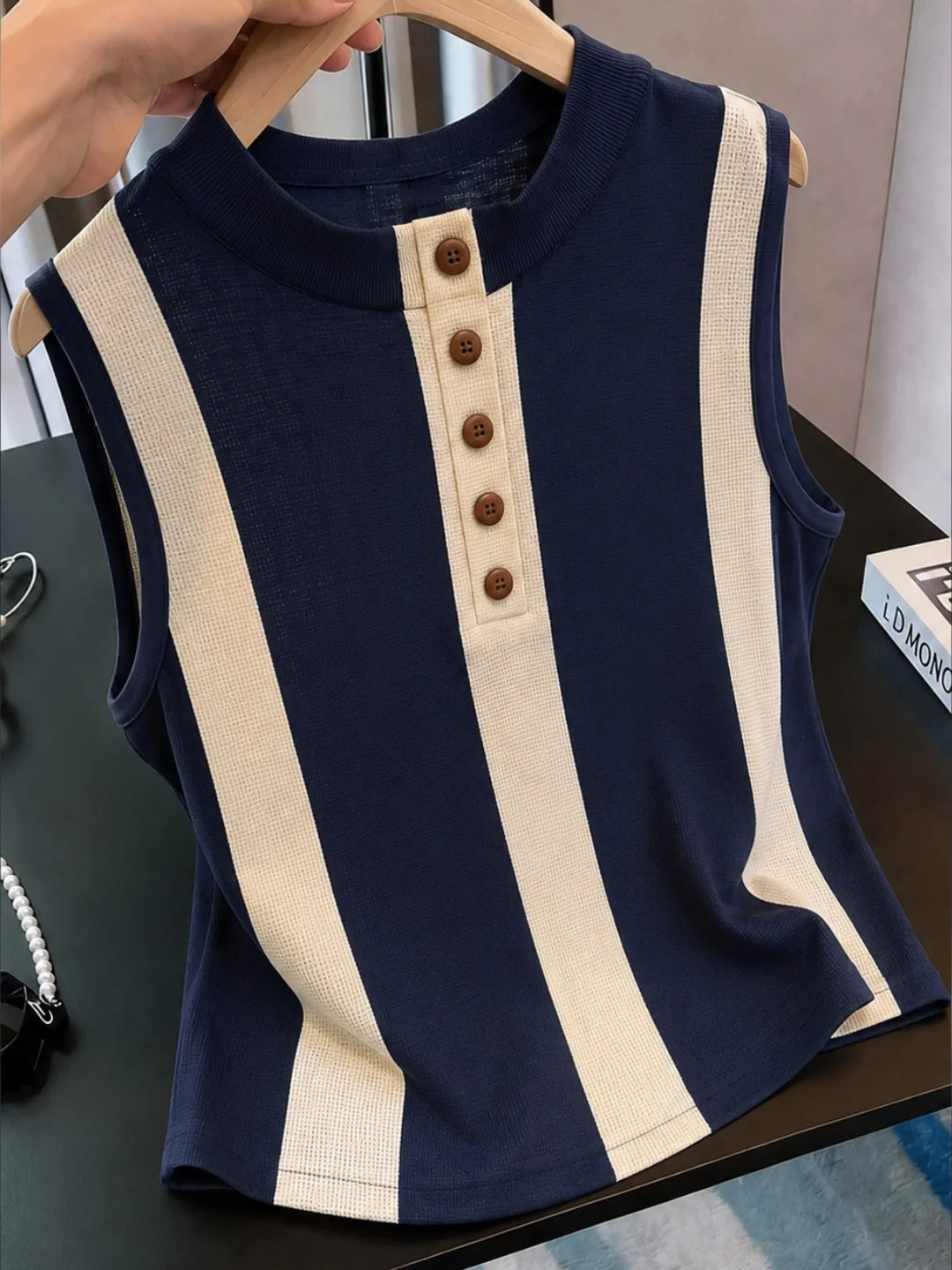 

Summer Soft Color Block Sleeveless Vest Loose Fit Half Open Collar Women's Top French Style Casual Comfortable Inner Wear