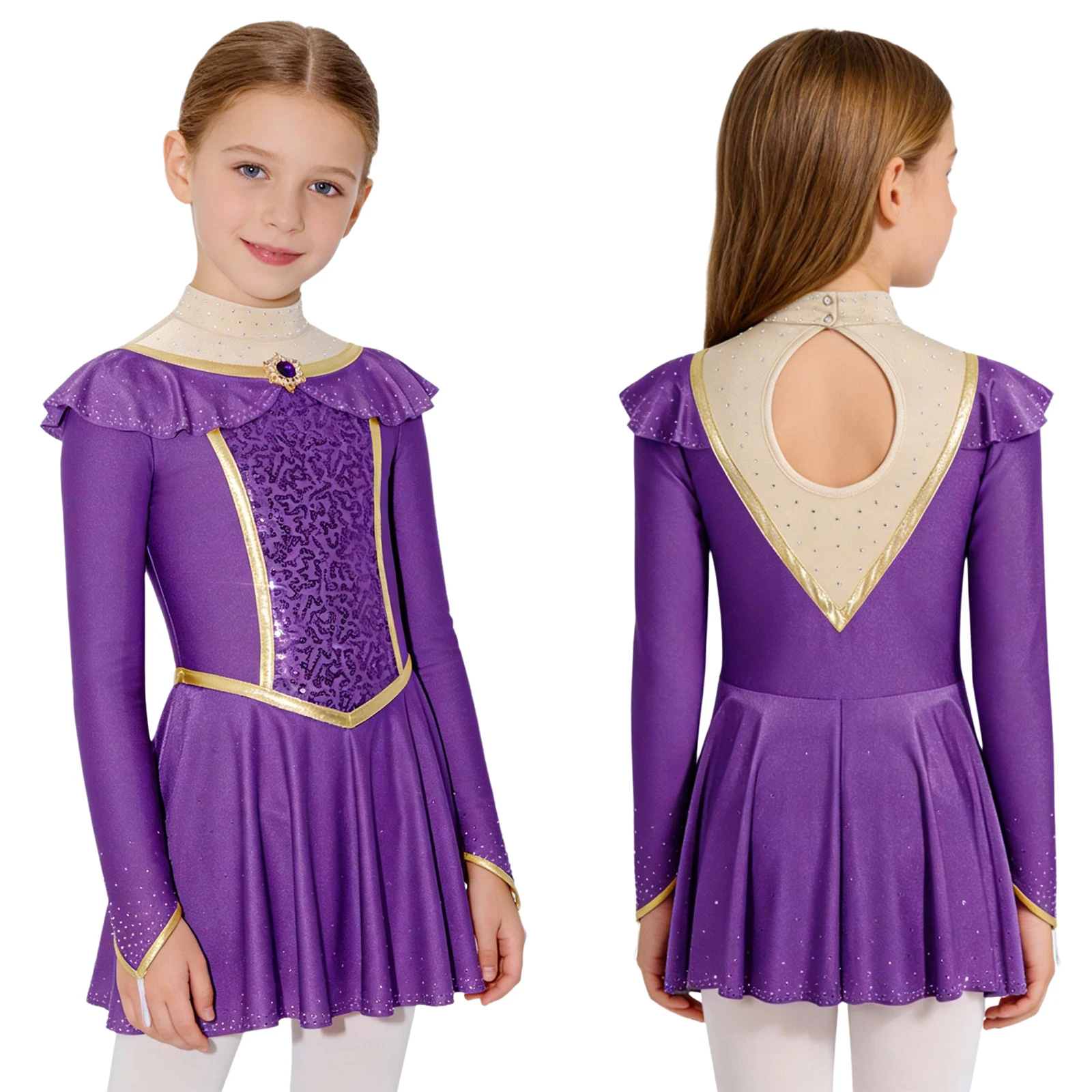 Children Girls Princess Dress Figure Skating Gymnastics Ballet Dance Leotard Tutu Long Sleeve Shiny Rhinestones Sequins Dresses