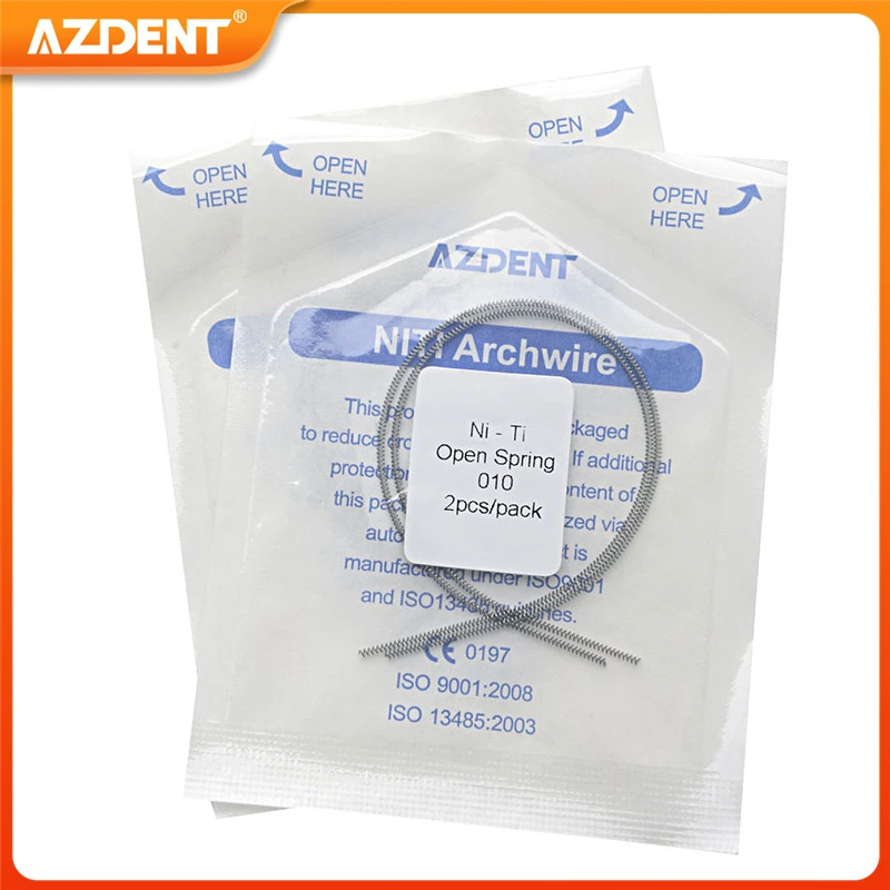 AZDENT-resorte abierto de ortodoncia Dental, muelles de bobina elástica Niti, tamaño 0.010x180mm, 0.012x180mm, suministros de odontología, 2 unids/lote por paquete