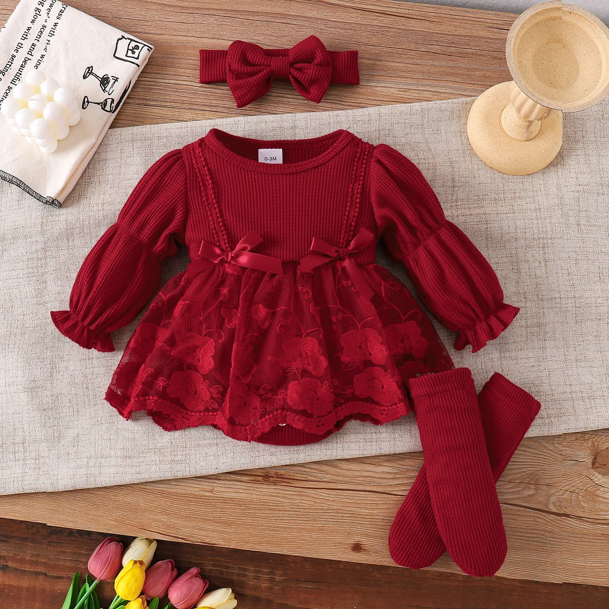 

Baby and Toddler Children's Clothing Korean Version Autumn Lantern Sleeve Mesh Can Be Opened+foot Socks+headwear