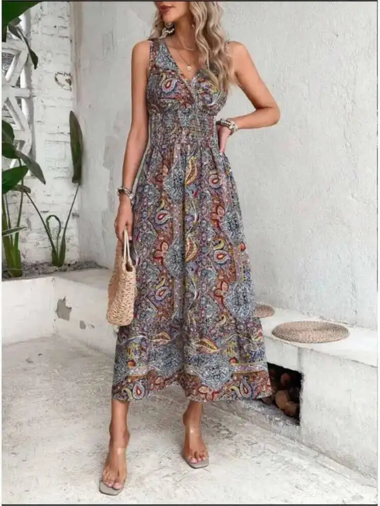 Letnia sukienka boho damska moda bez rękawów z nadrukiem sukienki na imprezę plażową elegancka codzienna sukienka wakacyjna damska sukienka damska robe femme M9MW