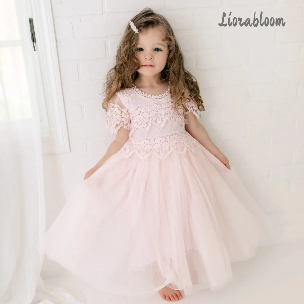 Girls' Pink Lace Formal Dress Wedding Flower Girl Attire Lace Trimmed Flower Girl Dress Lively Elegant Party Evening Gown