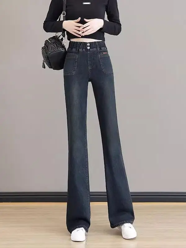 

Облегающие джинсы с высокой талией, расклешенные джинсы, женские повседневные эластичные утягивающие джинсы на подкладке, теплые цементные длинные брюки в стиле ретро