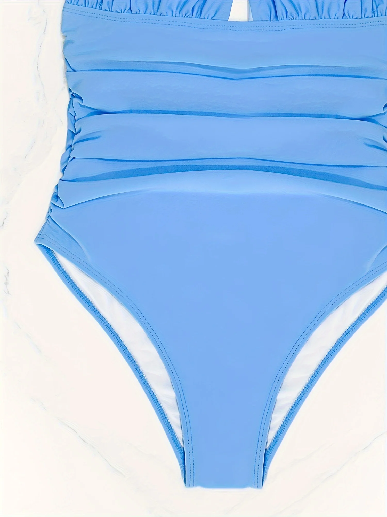 2026 New Light Blue Halter Keyhole One Piece Swimsuit, Back Tie Gathered Neck Side Ruched Tummy Control Slim High Cut Monokini Bathing Suit