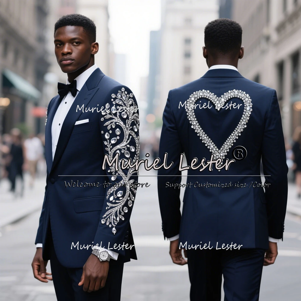 

Unique Design Beaded Stones Suits Men For Weding 2 Pieces Single Breasted Prom Tuxedos Customized Man Banquet Blazers Outfits