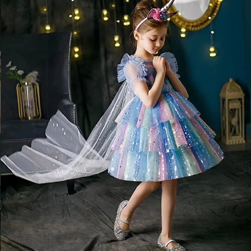 Baby Girl Princess Tutu Layered Dress Fly Sleeve Child Gauze Tulle Vestido Sparkle Star Print Party Wedding Birthday 1-7Y