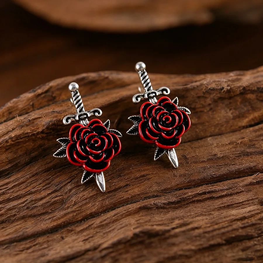

Vintage Sword Rose Stud Earrings Gothic Punk Niche Creative Personality Earrings Fashion Retro Jewelry for Women Men