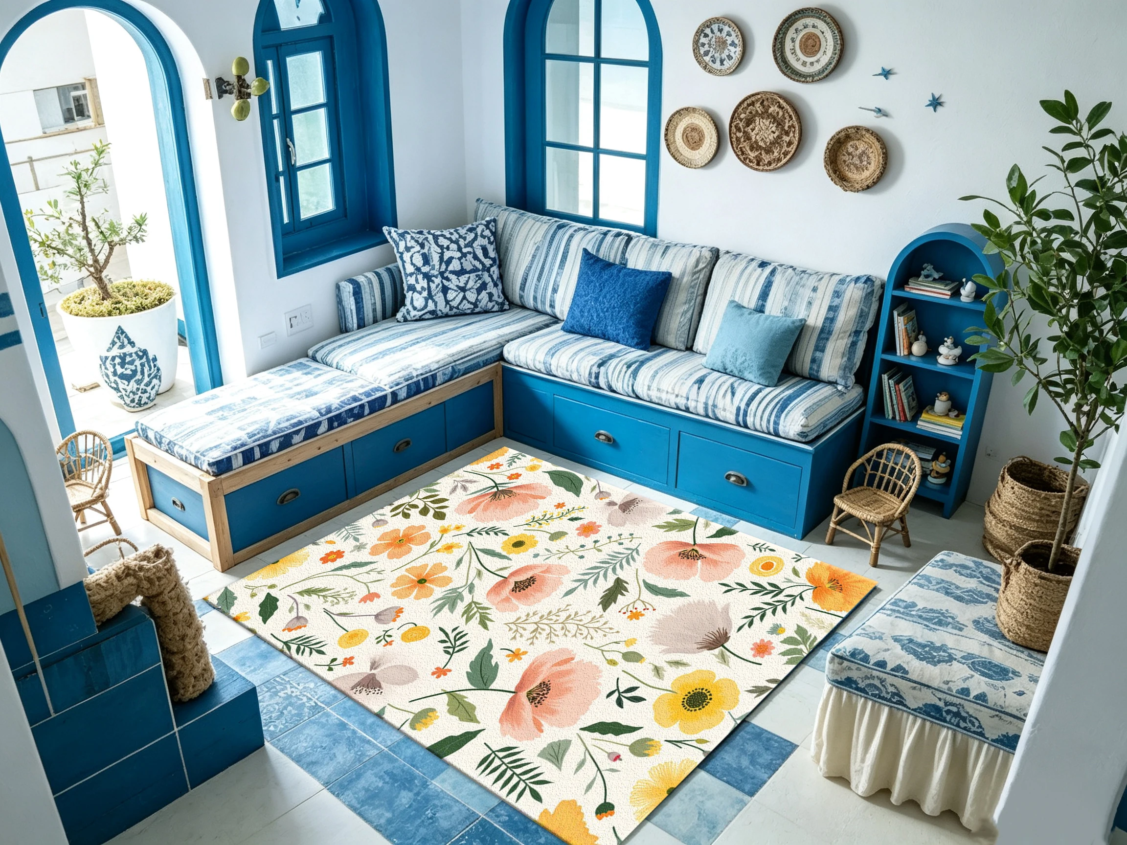 Bohemian Style Fresh Poppy Floral Carpet, Plant Seamless Pattern Home Carpet, Suitable for Living Room Bedroom Interior Decoration