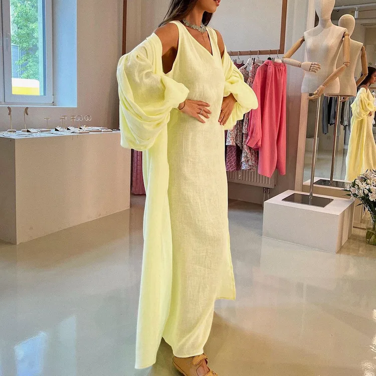 women's bathrobe set cotton linen solid loose ladies 2 pcs with nightgown dressing gown long sleeve summer home wear female