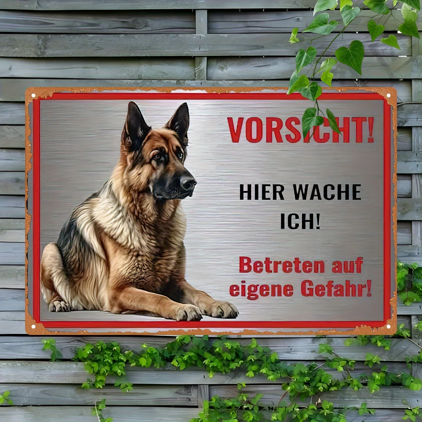 Vintage Metal Warning Sign with German Shepherd - Beware of Dog Decor in German (