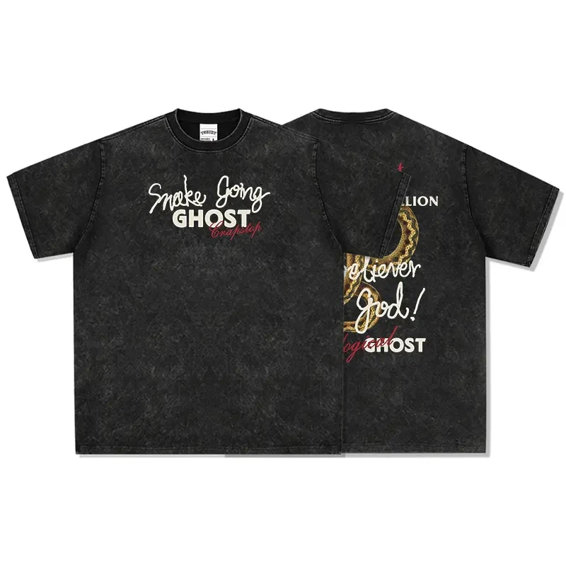 

2025 Original Design American Retro Golden Snake Print Street Hip-hop Washed Distressed Heavy T-shirt for Men and Women