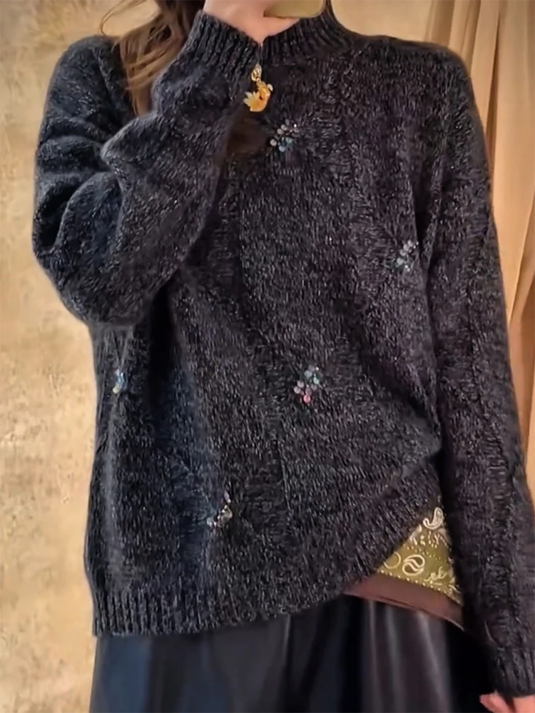 

Корейский свитер с высоким воротником и пайетками, плотный, теплый, осенне-зимний, больших размеров, элегантный, стройнящий, универсальный, женский, цвета кашемира