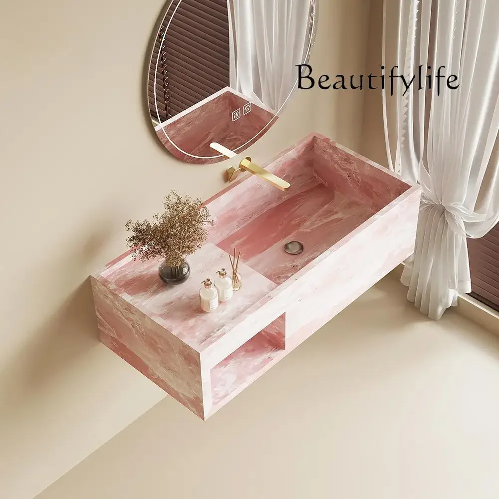 aQ X Certified Premium Mid-Century Wall Vanity: Natural Rosy Quartz Marble W/Scratch-Resistant Ultra Narrow Rim Deep Undermount