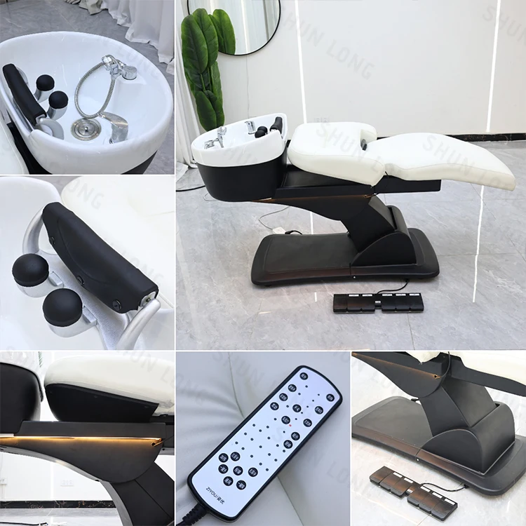 Modern Rotating Barber Shop Furniture Washing Bed Luxury Multifunctional Recliner Electric Head SPA Shampoo Chair With Lights