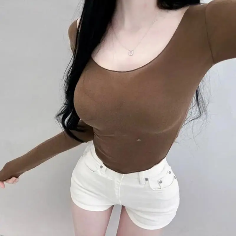 Camiseta Feminina de Manga Longa com Decote U, Estilo Slim Fit, Transparente e Fina, em Tecido Modal, Nova Coleção Outono Inv...