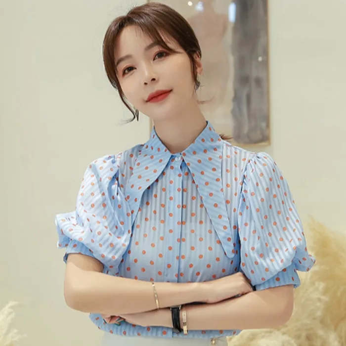 

Polka Dot Bubble Sleeve Chiffon Short Sleeve Shirt Women's Summer New Loose Design Pointed Collar Top Korean Style Commute Wind