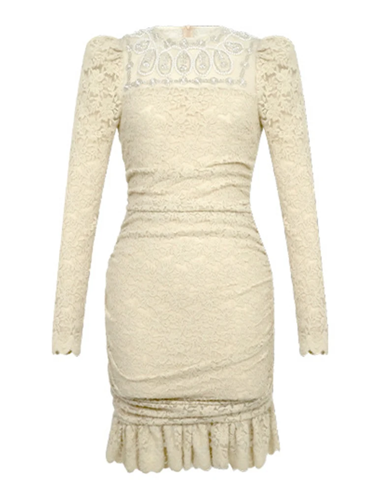 French Birthday Party Dress Women Sexy Exquisite Mesh Splice Diamond Folds Bodycon Ruffles Fishtail Gown Lady Banquet Vestidos