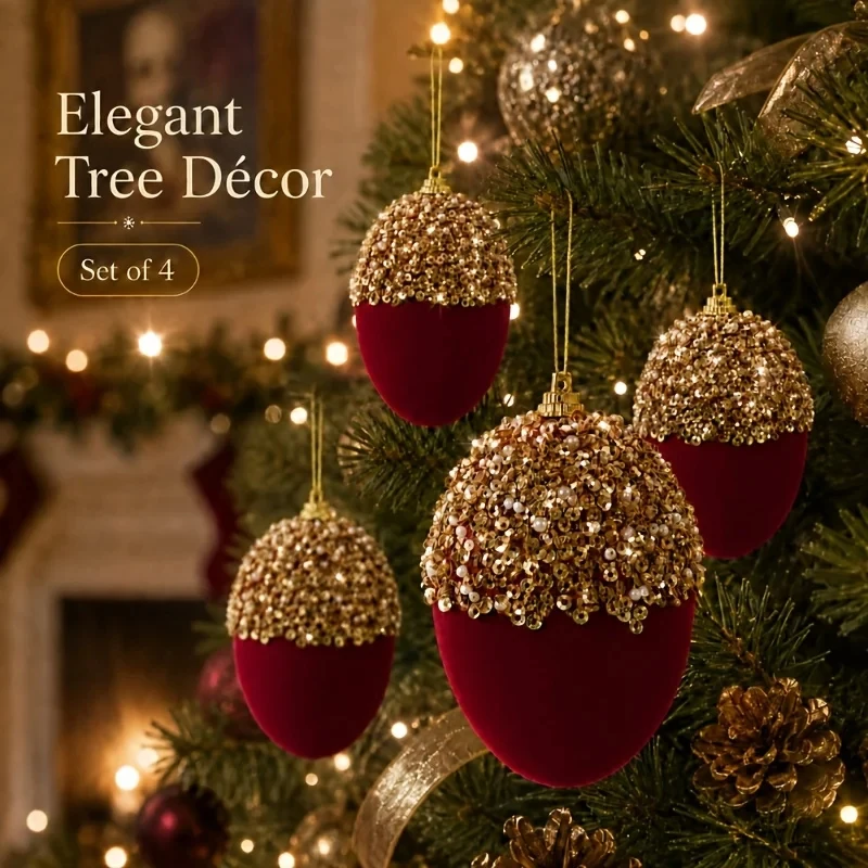 4pcs Wine Red Velvet Acorn Pendant With Sequins Crown Acorn Decorations 2026 Christmas Tree Decoration Christmas Home Decoration