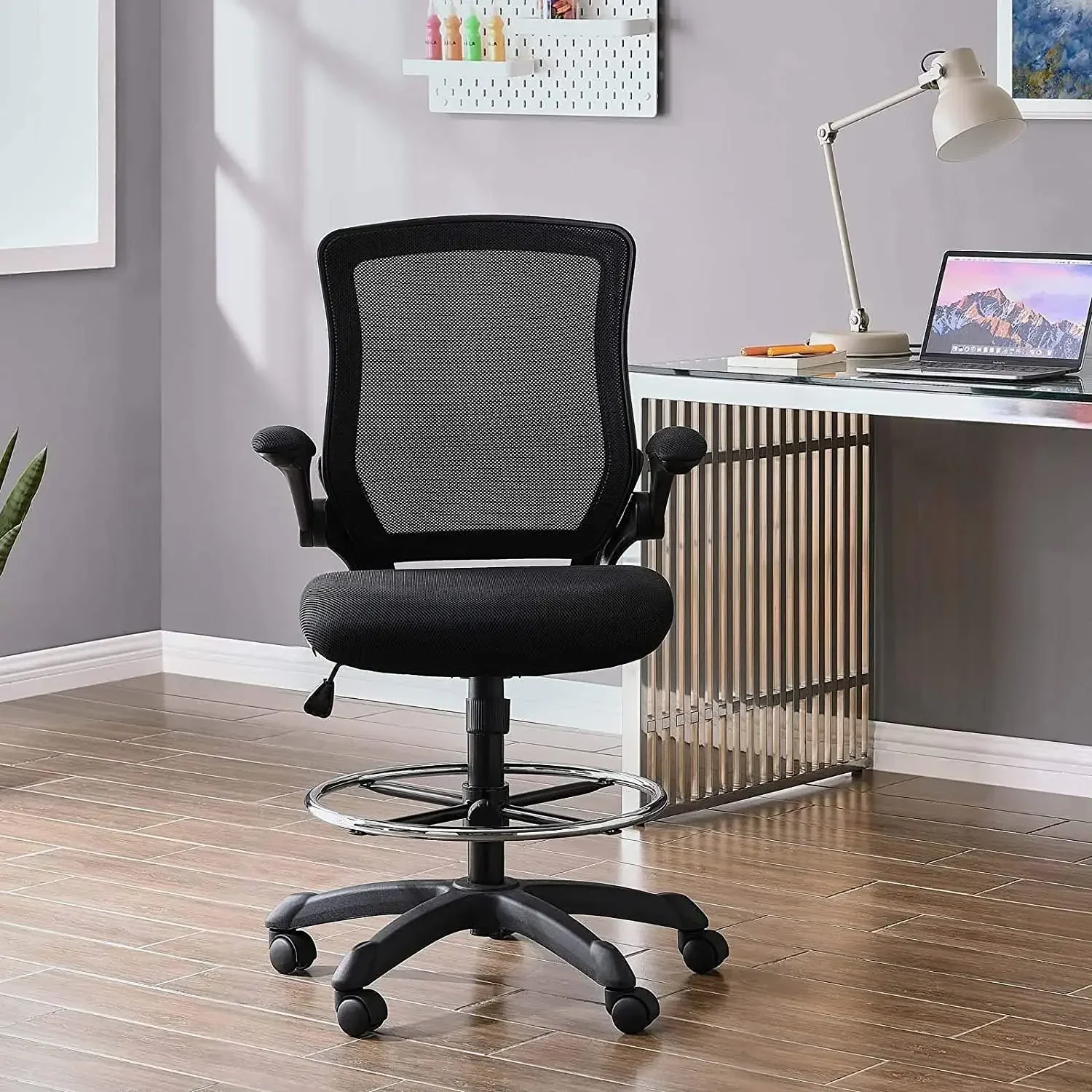 Veer Reception Desk Flip-Up Arm Drafting Chair in Black