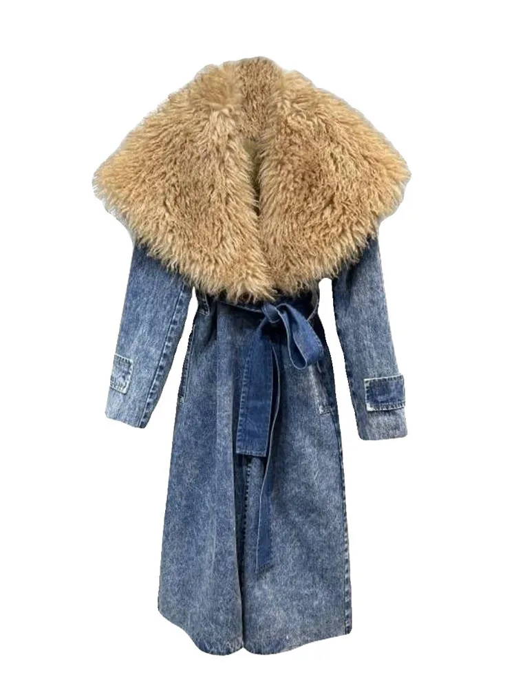 DEAT Vintage Women Spliced Fur Turn-down Collar Denim Windbreaker 2024 Spring Fashion Bangdage Long Sleeve Coat Female 11XX6987