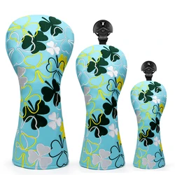 Golf Club Headcovers Light Blue Premium Leather Lucky Clover Head Covers Set Golf Club Headcovers for Driver Fairway Hybrid Wood