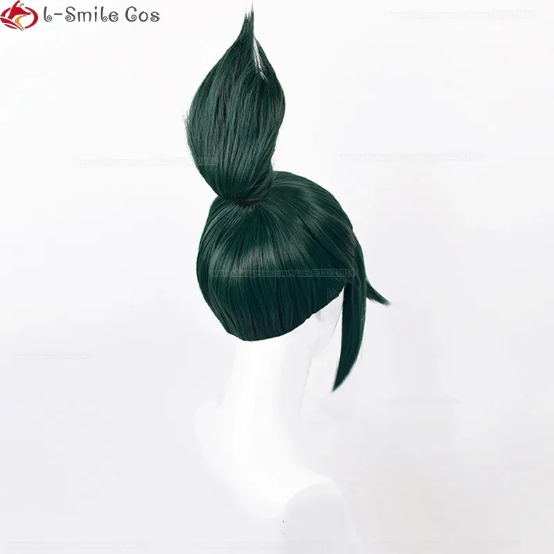 Wig Cosplay Kiriko One-Piece Hair Tail Game OW Kiriko Cosplay 27cm Wig Hijau Tua Perlengkapan Senjata Topeng Jepit Rambut + Wig Cap
