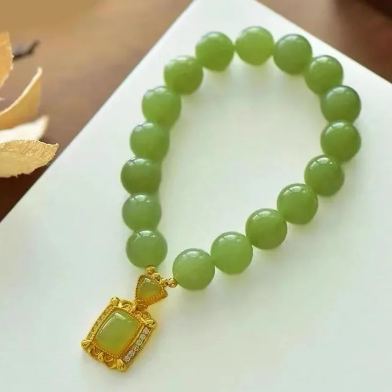 Green Imitation Jade Bracelets for Women Chinese Style Gold Rhinestone Trim Pendant Beaded Hand String Girls Luxury Jewelry Gift