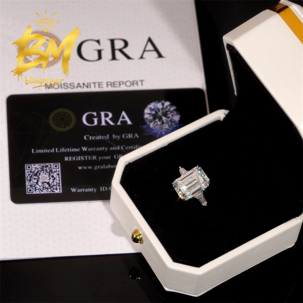Blingminer Luxury 5CT Emerald Cut S925 Silver VVS Moissanite Rings Engagement Wedding Women Finger Jewelry Pass Diamonds GRA