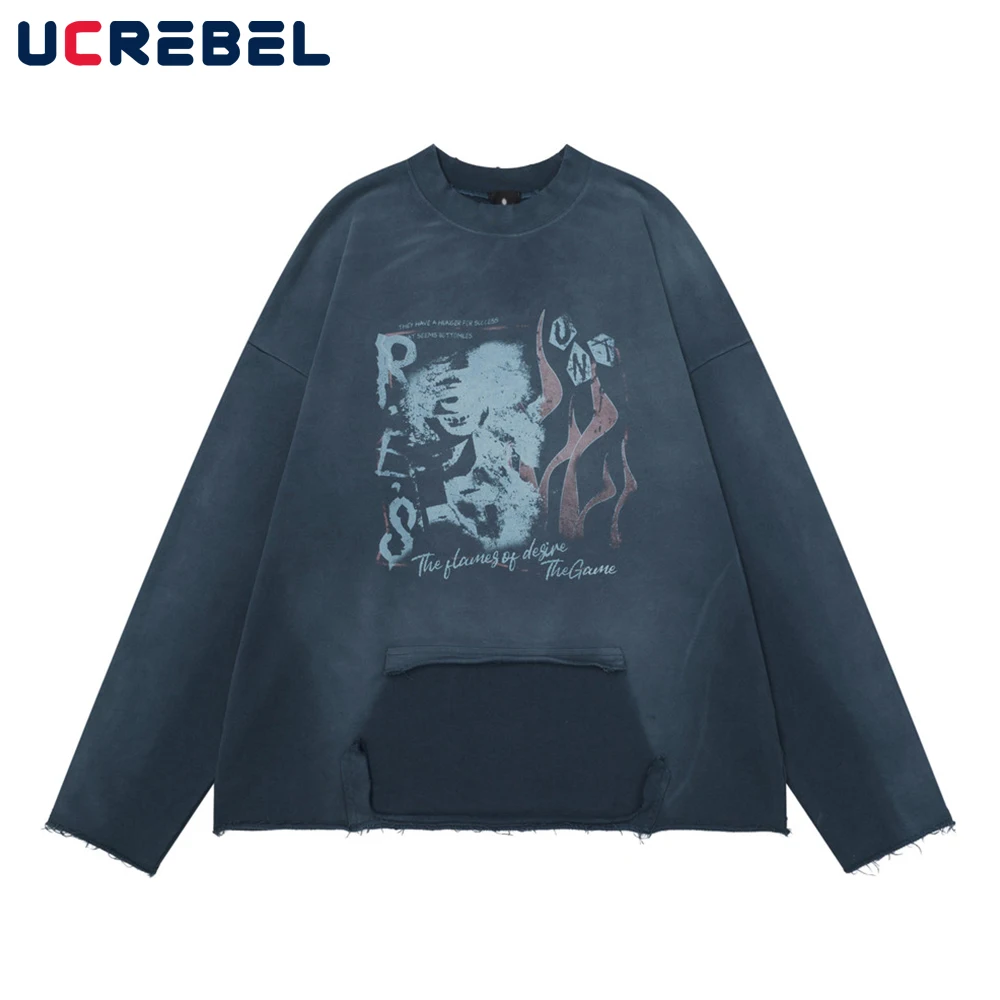 Distressed Print Sweatshirts Mens Patchwork Ripped Spring Loose Crew Neck Long Sleeve Sweatshirts Men