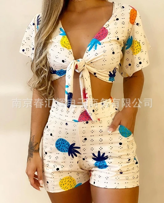 Sexy Elegant Womens Two Piece Sets Outfit V-Neck Short Sleeved Non Positioning Printed Shorts Set New Fashion 2024 Summer Casual