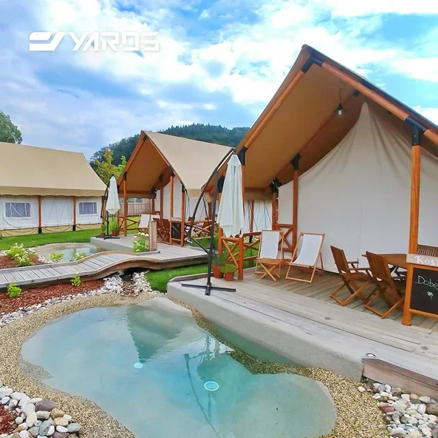 Outdoor Luxury Hotel Living Resort Custom Homes Wood Canvas Lodge Glamping Hut With Bathroom Safari Lodge Tents