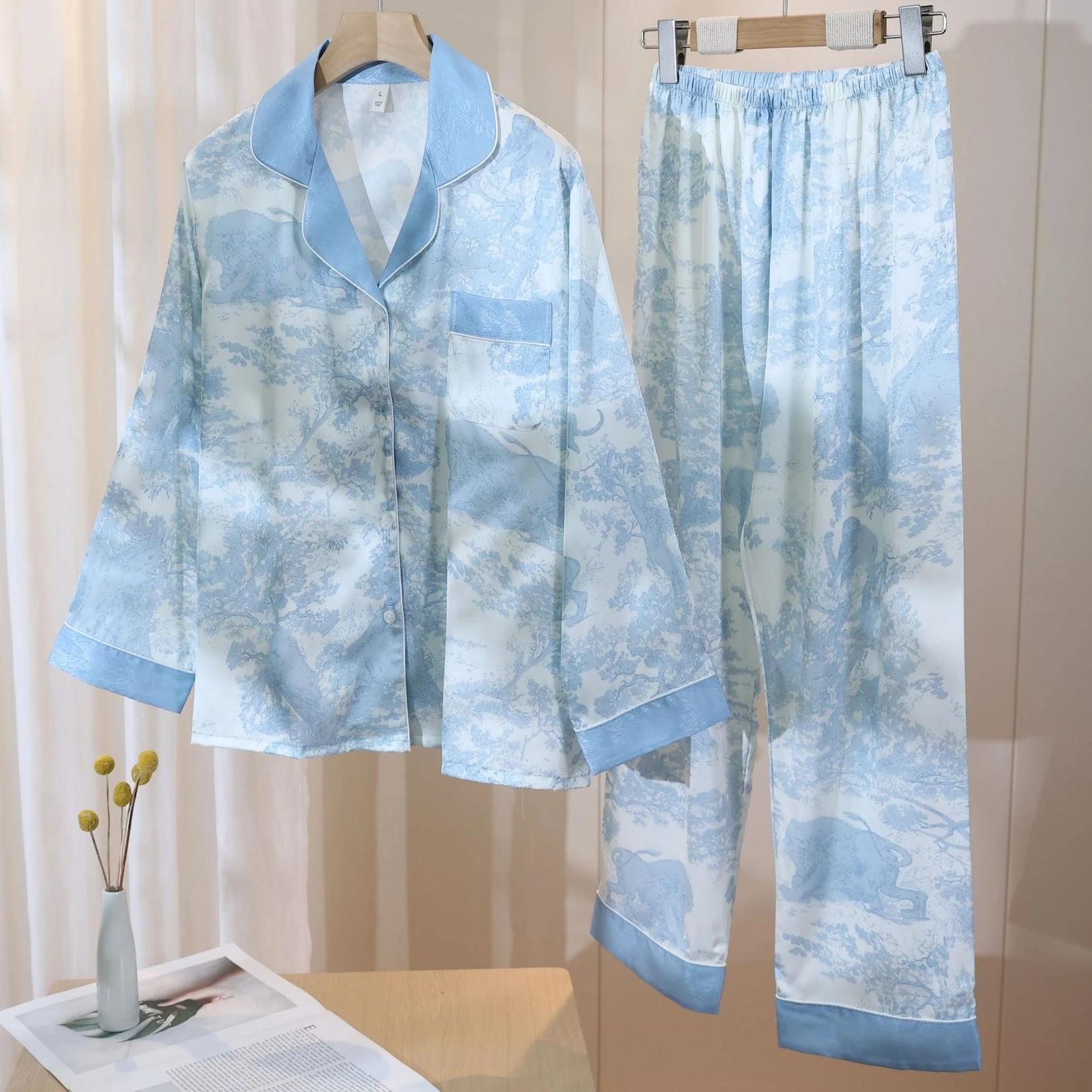Spring Two Piece Pajamas Set Print Sleepwear Lingerie Women Long Sleeve Shirt Trousers Pijamas Suit Satin Home Clothes