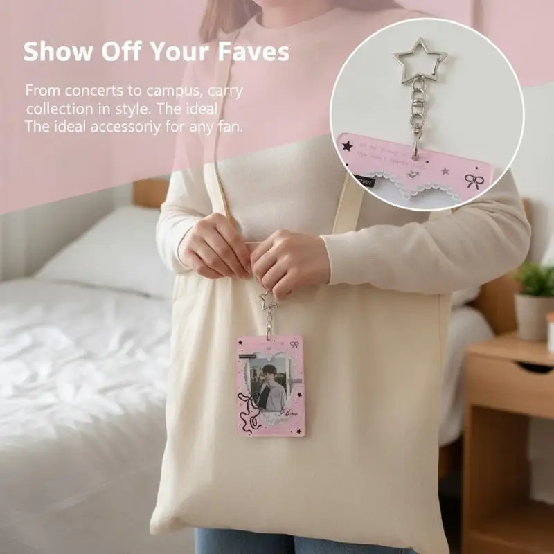 Heart Bow Photocard Holder With Star Keychain Cute Lace Frame ID Card Cover Kpop Photocard Sleeve Bag Pendant Gift For Fans Girl