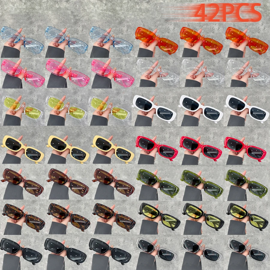 42PCS New Model Vintage Brand Designer Small Rectangle Sunglasses Colorful Fashion Unisex Eyewear for Women Beach Casual
