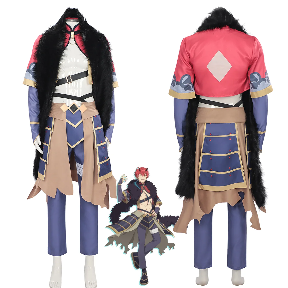 

Akira Mikado Cosplay Costume from Cosmic Princess Kaguya Outfit Men’s Full Set with Black Fur Shawl Cyberpunk Samurai Uniform