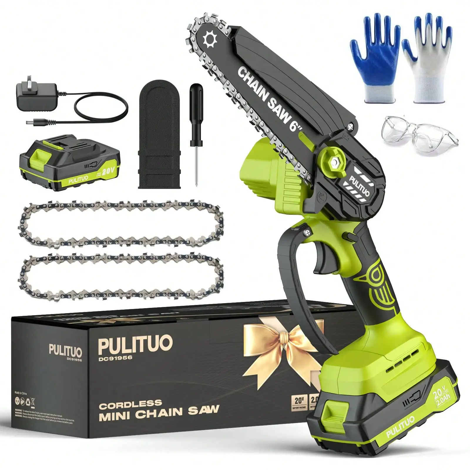 

Saws, Mini Cordless Chainsaw 6 Inch With Batteries, Charger, 1x Guide Bar + 2x Chains + Case + Gloves + Goggles, Light