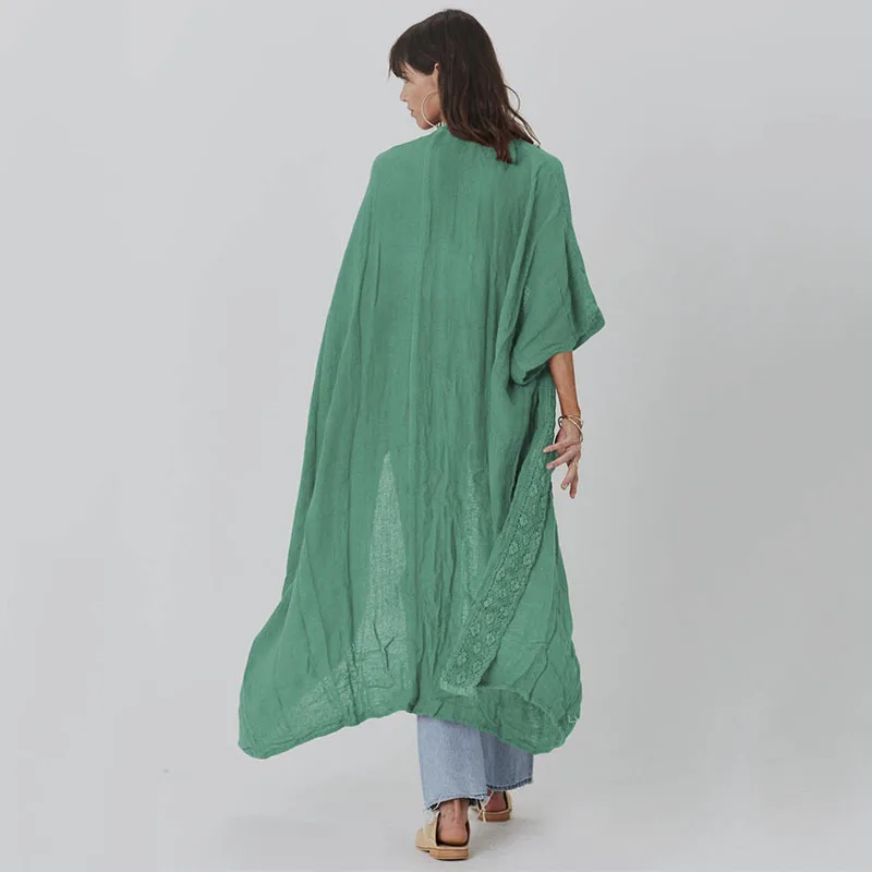 جديد سلوب القطن الدانتيل طويل كيمونو بيكيني يغطي المنبثقة الصلبة شاطئ فستان المرأة الصيف بحر لباس سباحة التستر