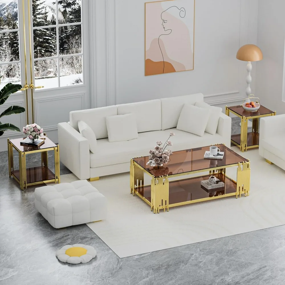 Modern Rectangular Brown Glass Coffee Table with Gold Accents and Stainless Steel Legs